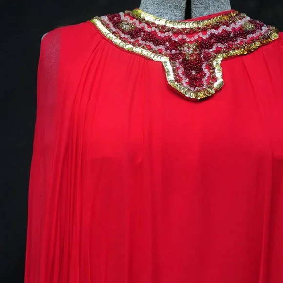 VTG 60's 70's Red Chiffon Trapeze A-Line Dress Beaded Neckline XS/S Twiggy Style - Picture 2 of 11